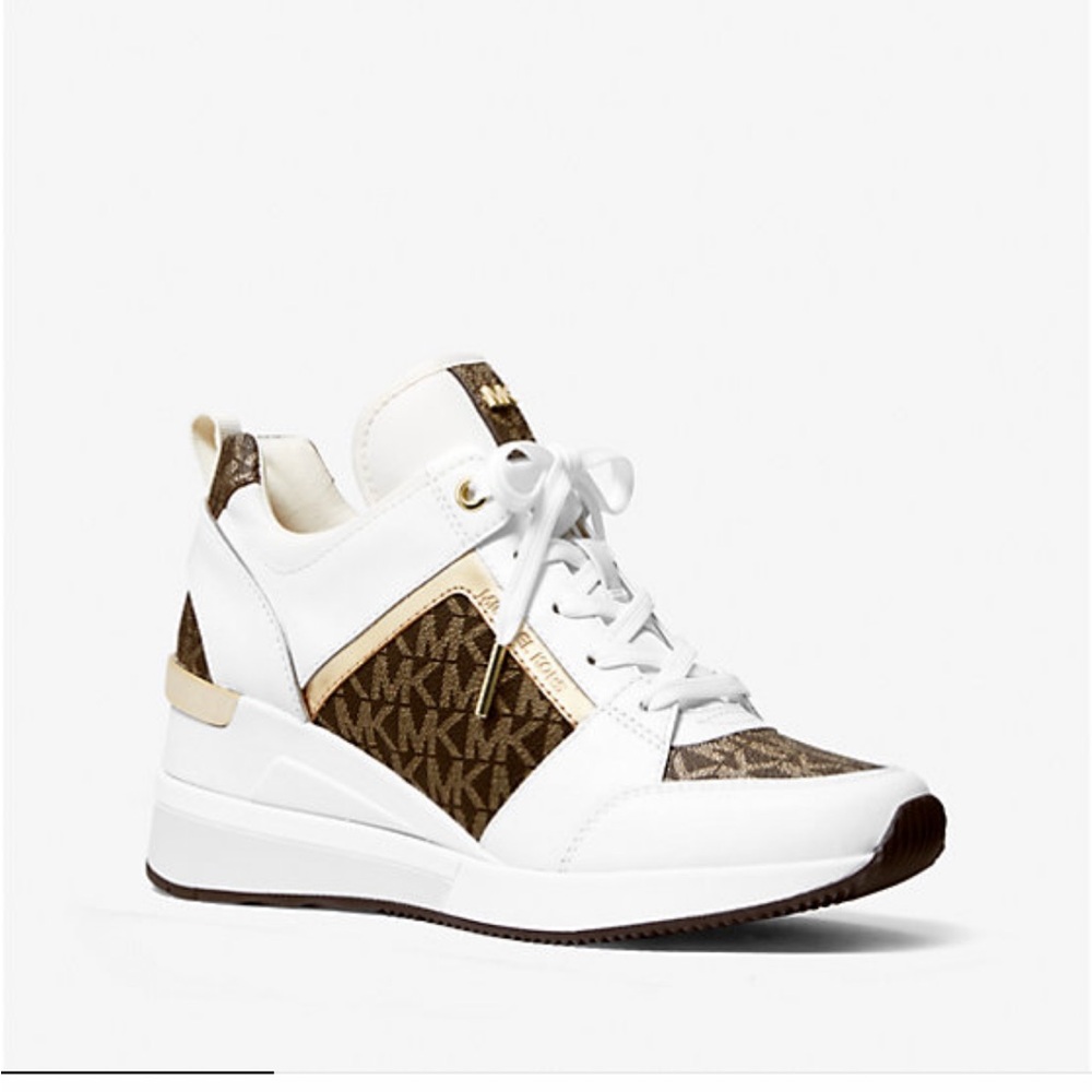 MK Michael Kors Heeled Georgie Metallic Logo and Leather Trainers